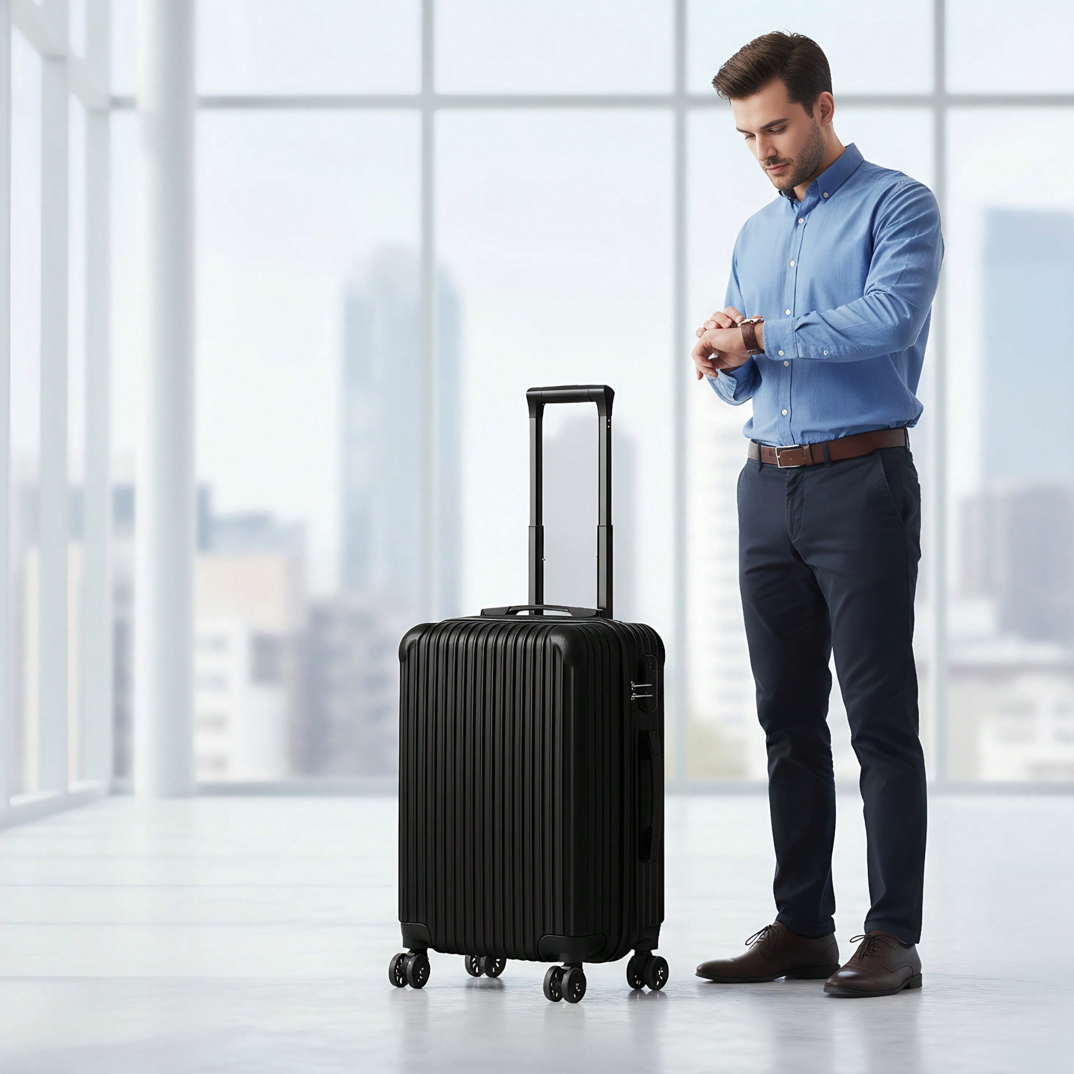 Spinner Wheel Rolling Suitcase 20 Inch - กระเป๋าเดินทางแบบแข็งขนาด 20 นิ้ว, กระเป๋าเดินทางล้อลาก ABS ลายทางแนวตั้งสีดำ,