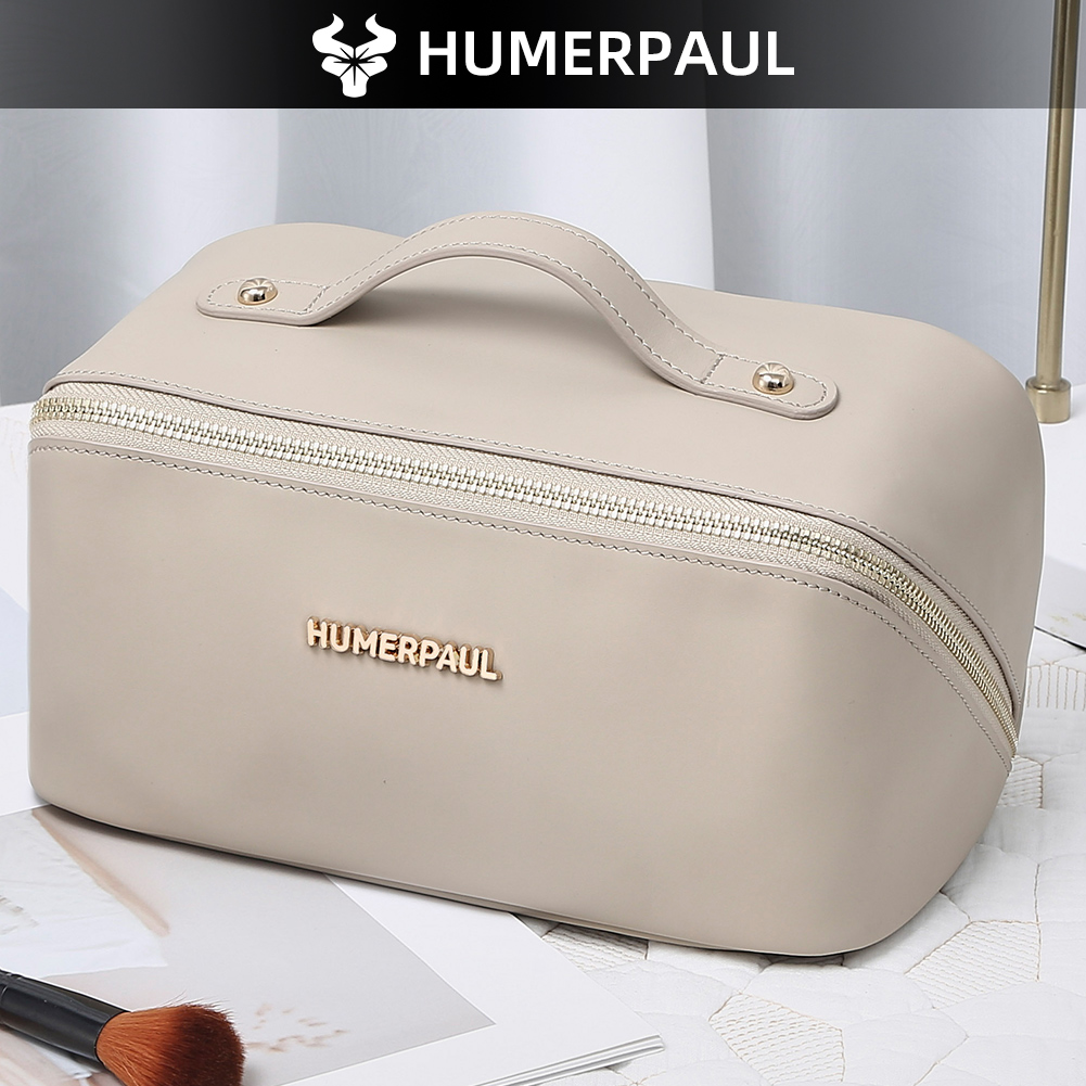 Cosmetic Bags - กระเป๋าเครื่องสำอางหนังแท้ HUMERPAUL สำหรับผู้หญิง กระเป๋าจัดระเบียบเครื่องสำอางแบบพกพาสำหรับเดินทาง พร้อมหูหิ้วด้านบน กระเป๋าใส่ของใช้ส่วนตัวความจุขนาดใหญ่